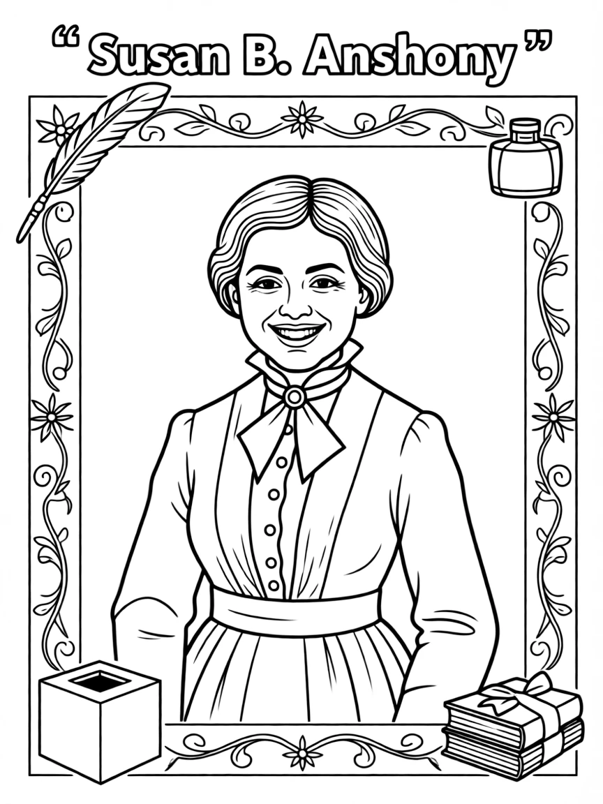 A portrait of Susan B. Anthony with a big smile, framed with decorative borders and symbols of their time period.