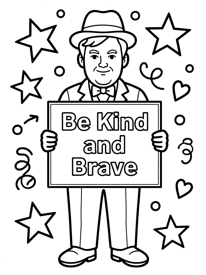 A cute coloring page of Winston Churchill holding a sign about kindness or bravery, with stars and doodles around.