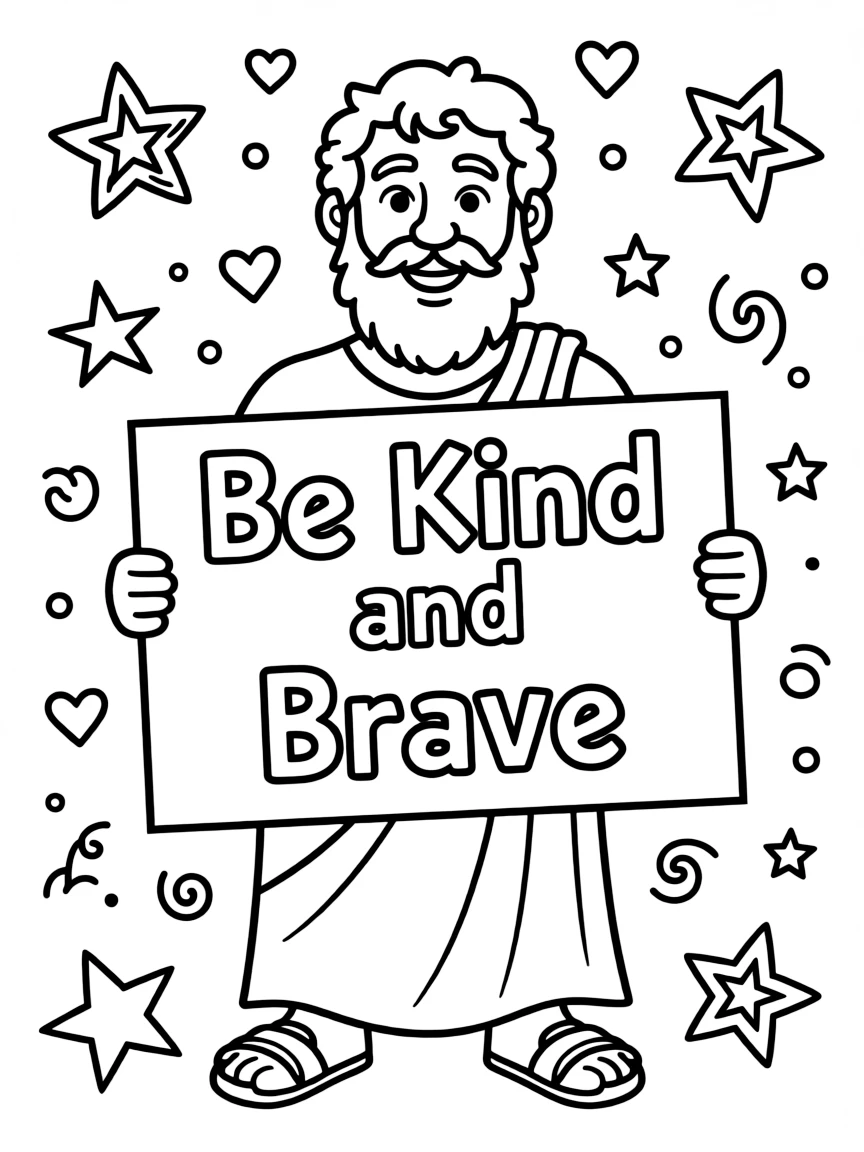 A cute coloring page of Socrates holding a sign about kindness or bravery, with stars and doodles around.