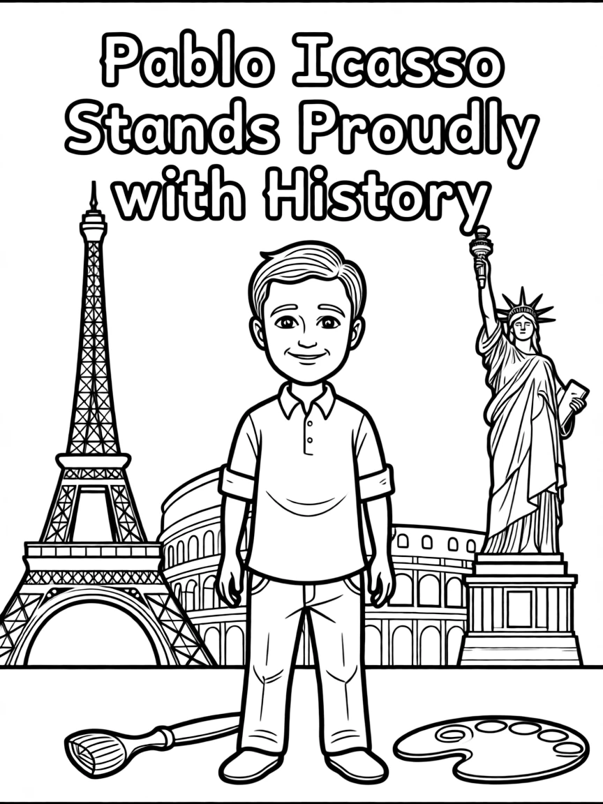 Pablo Picasso standing proudly with historical landmarks in the background.