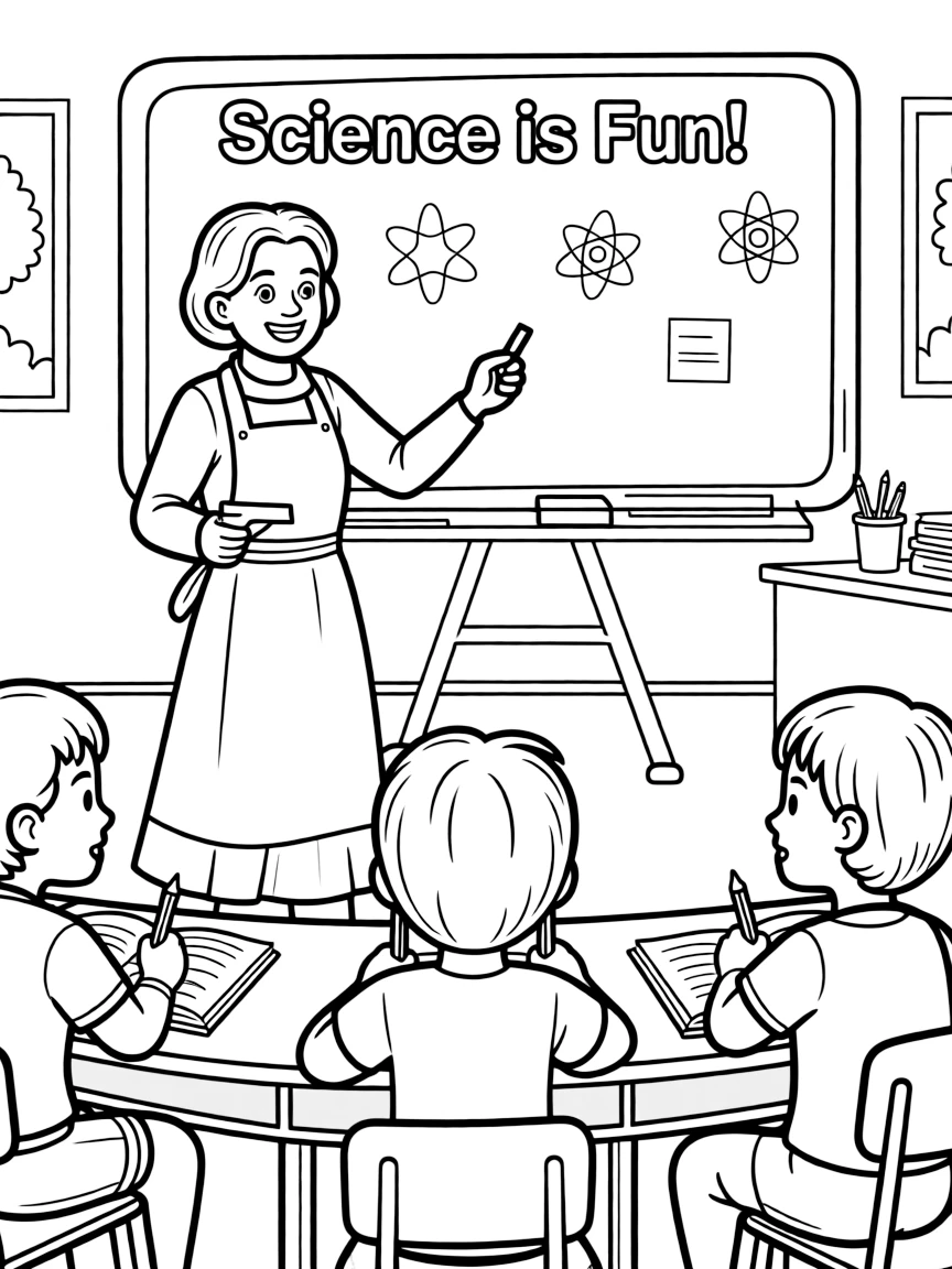 Marie Curie teaching children, with educational items like chalkboards and pencils, in a friendly classroom scene.