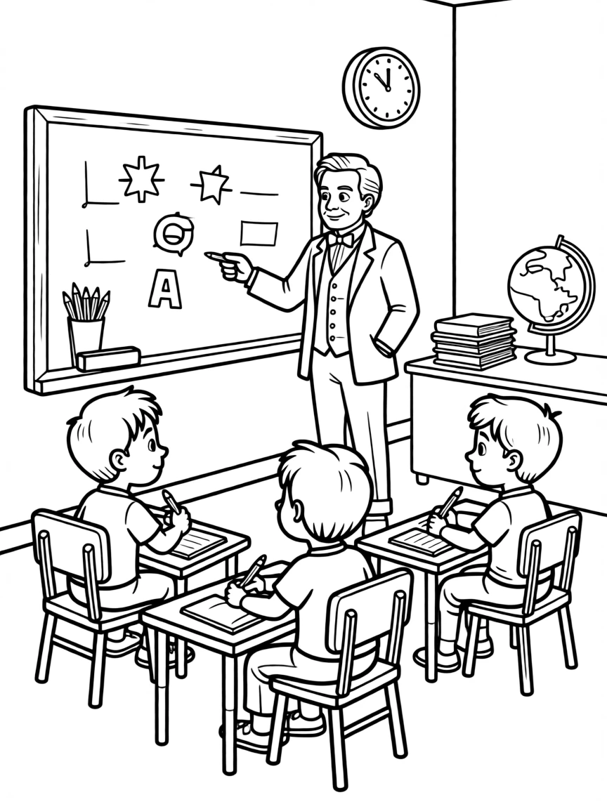 Thomas Edison teaching children, with educational items like chalkboards and pencils, in a friendly classroom scene.