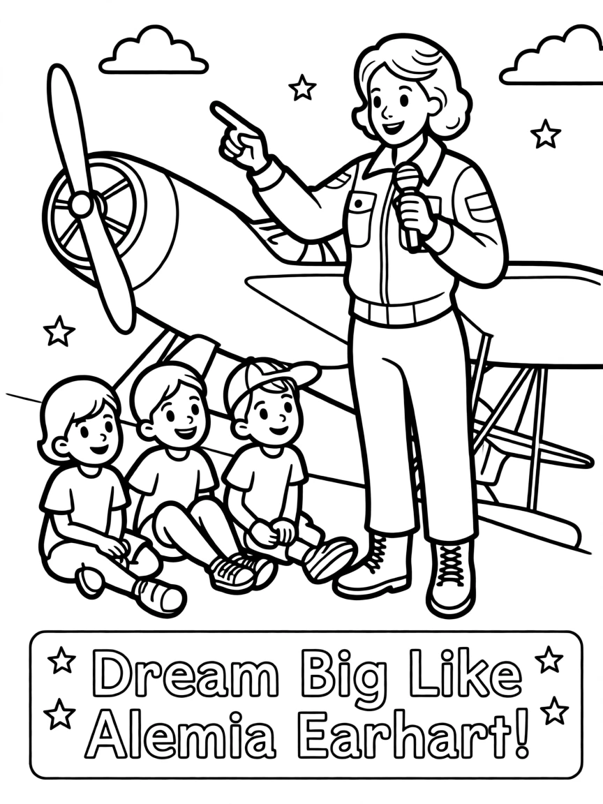 A fun coloring page of Amelia Earhart giving a speech to children.