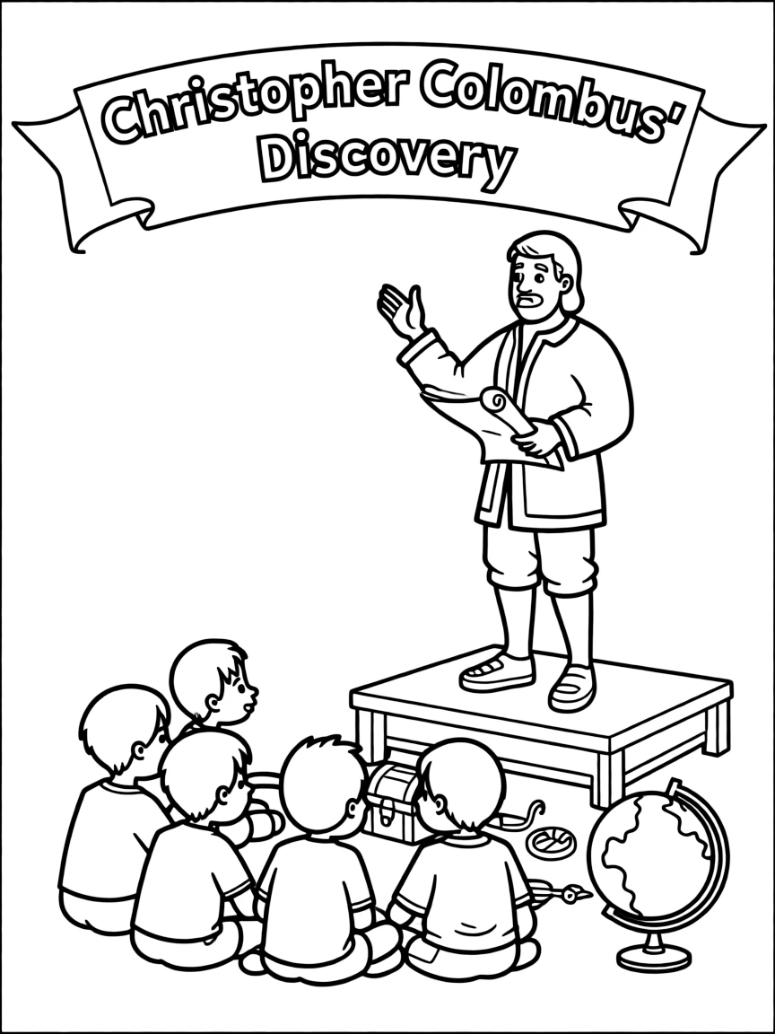 A fun coloring page of Christopher Columbus giving a speech to children.