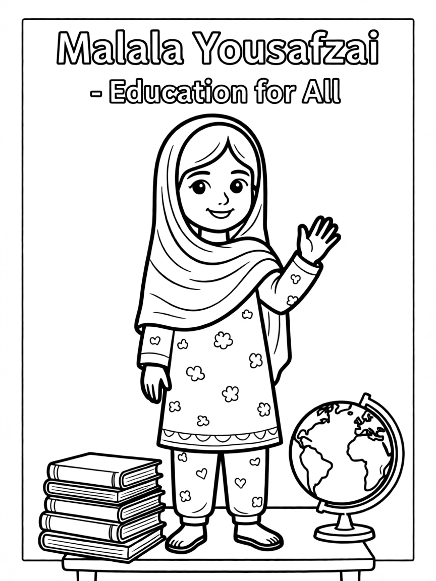 A cartoon-style drawing of Malala Yousafzai.