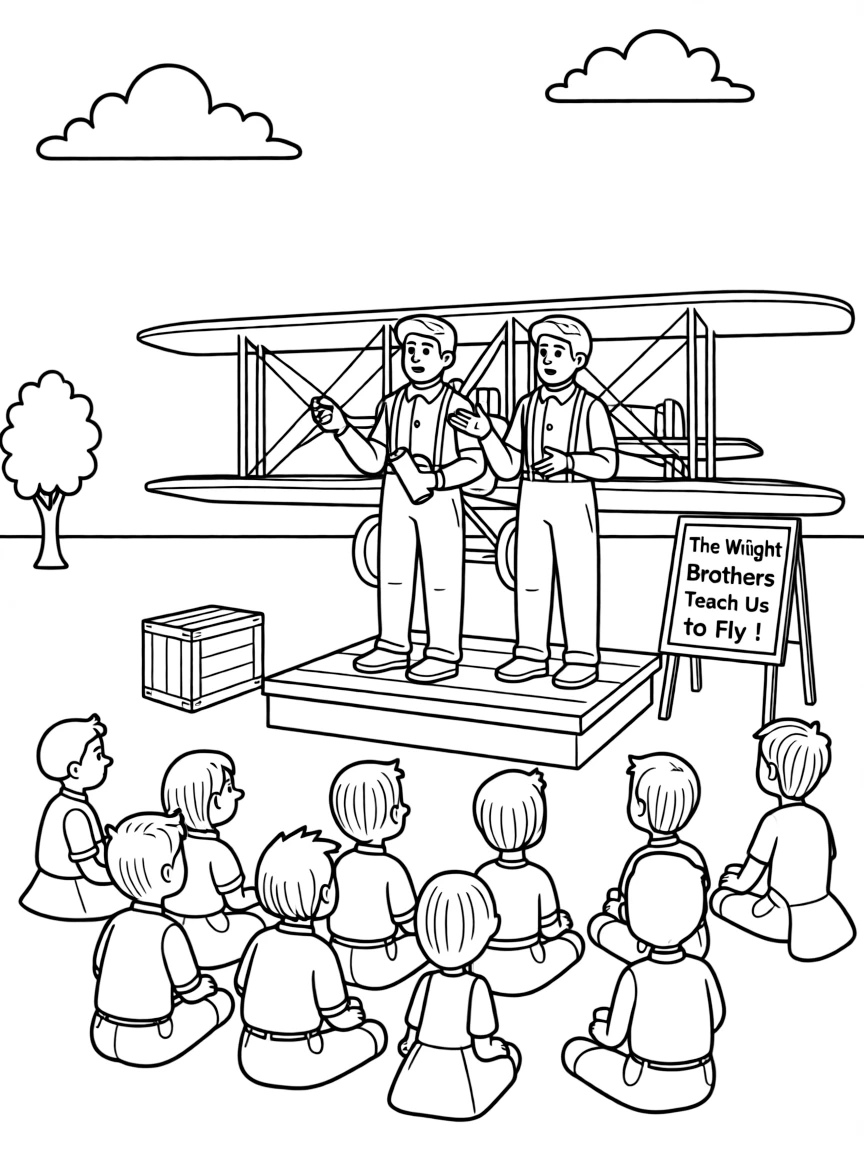 A fun coloring page of The Wright Brothers giving a speech to children.