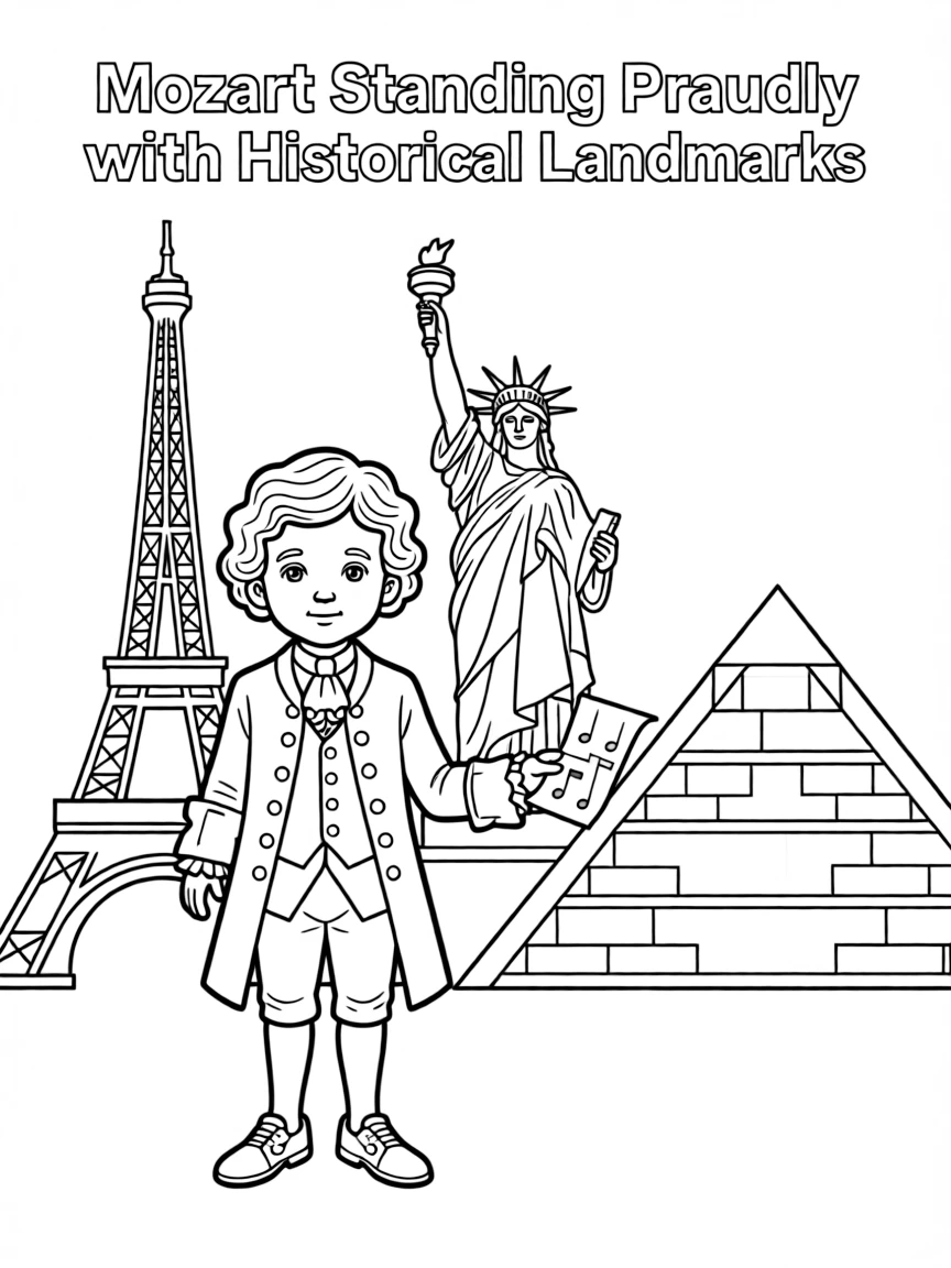 Mozart standing proudly with historical landmarks in the background.