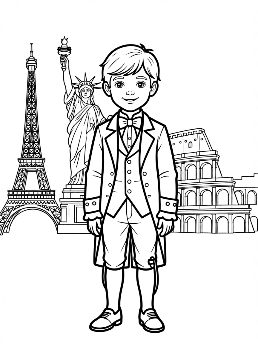 Beethoven standing proudly with historical landmarks in the background.