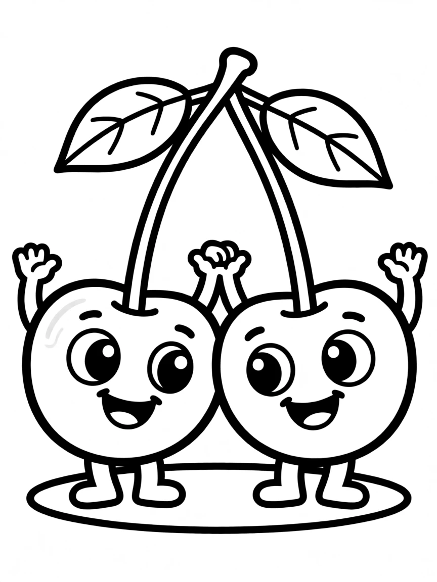A pair of cherries with happy faces holding hands, with smiling faces and cartoon eyes