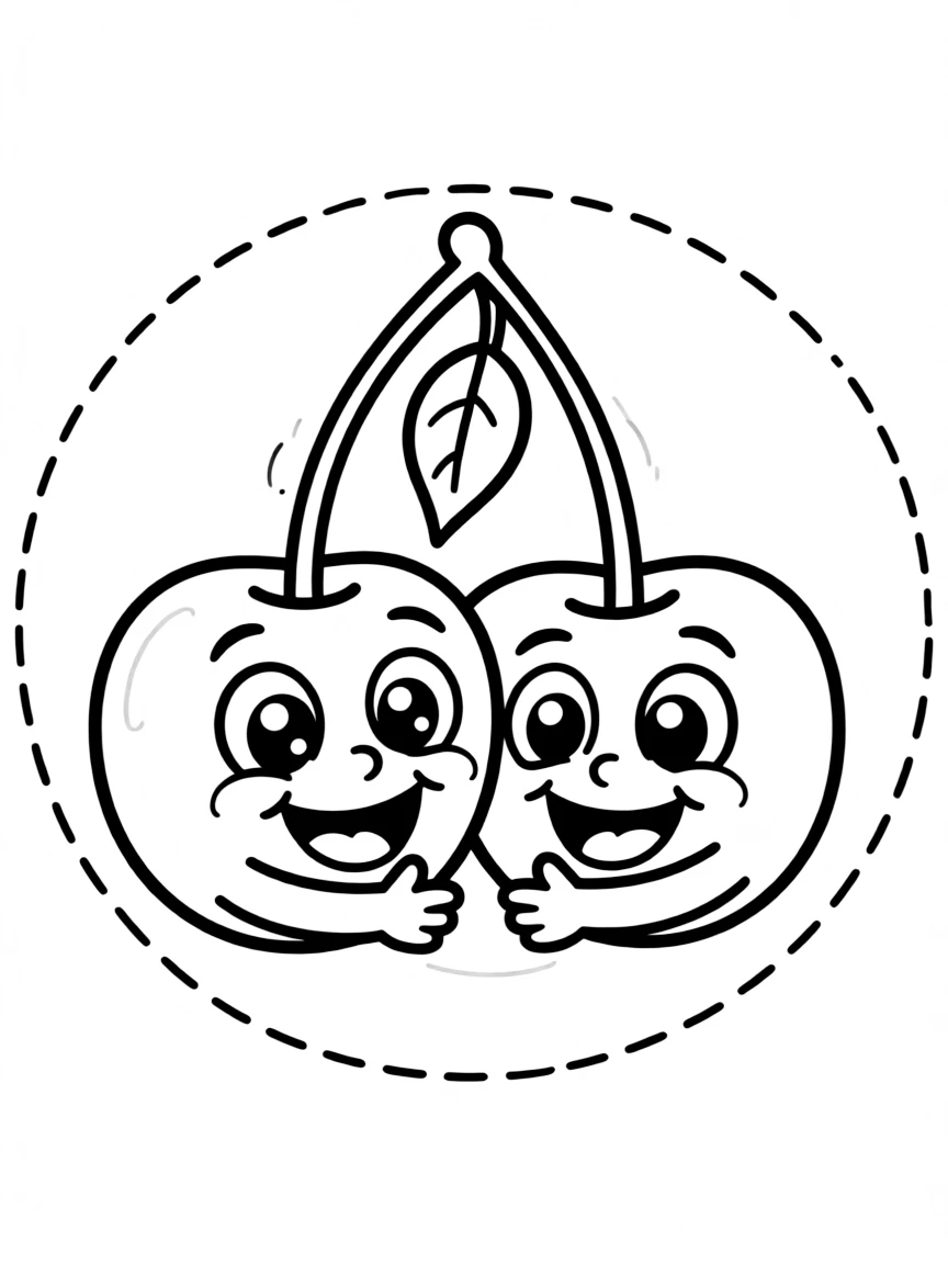 A pair of cherries with happy faces holding hands, with smiling faces and cartoon eyes
