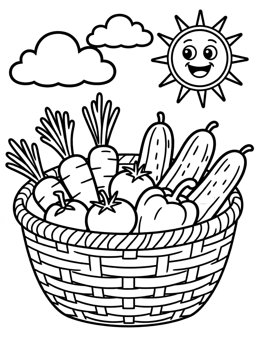 A basket full of fresh vegetables like carrots, tomatoes, cucumbers, and bell peppers, with a background of clouds and sunshine