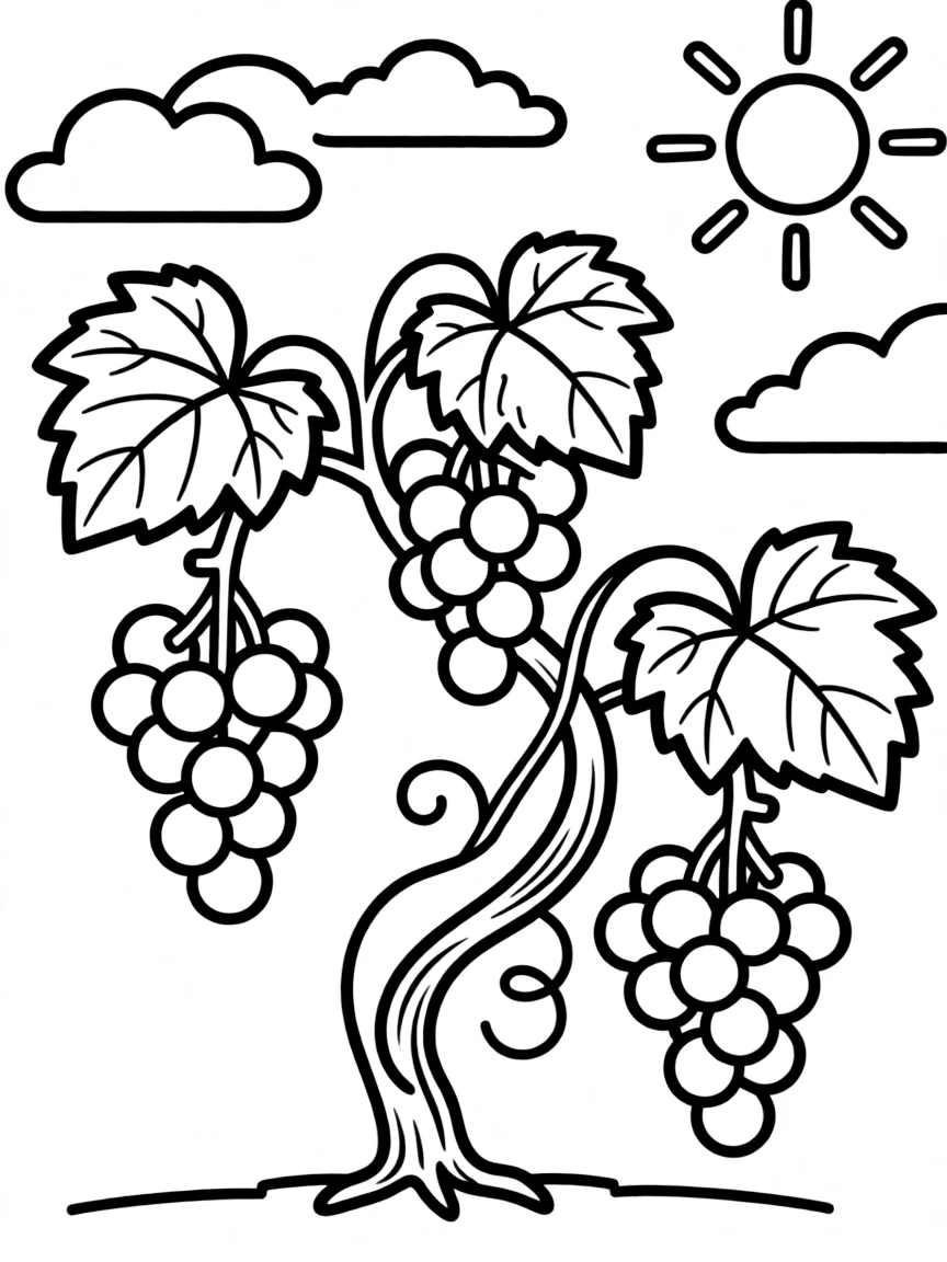A grapevine with clusters of grapes and leaves twisting around, with a background of clouds and sunshine