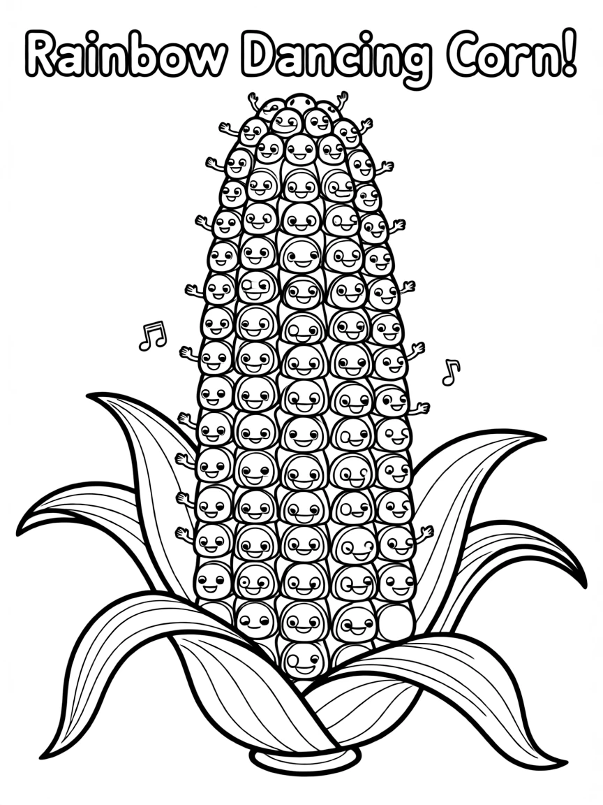 A corn cob with animated kernels dancing around it, stacked in a colorful rainbow pattern