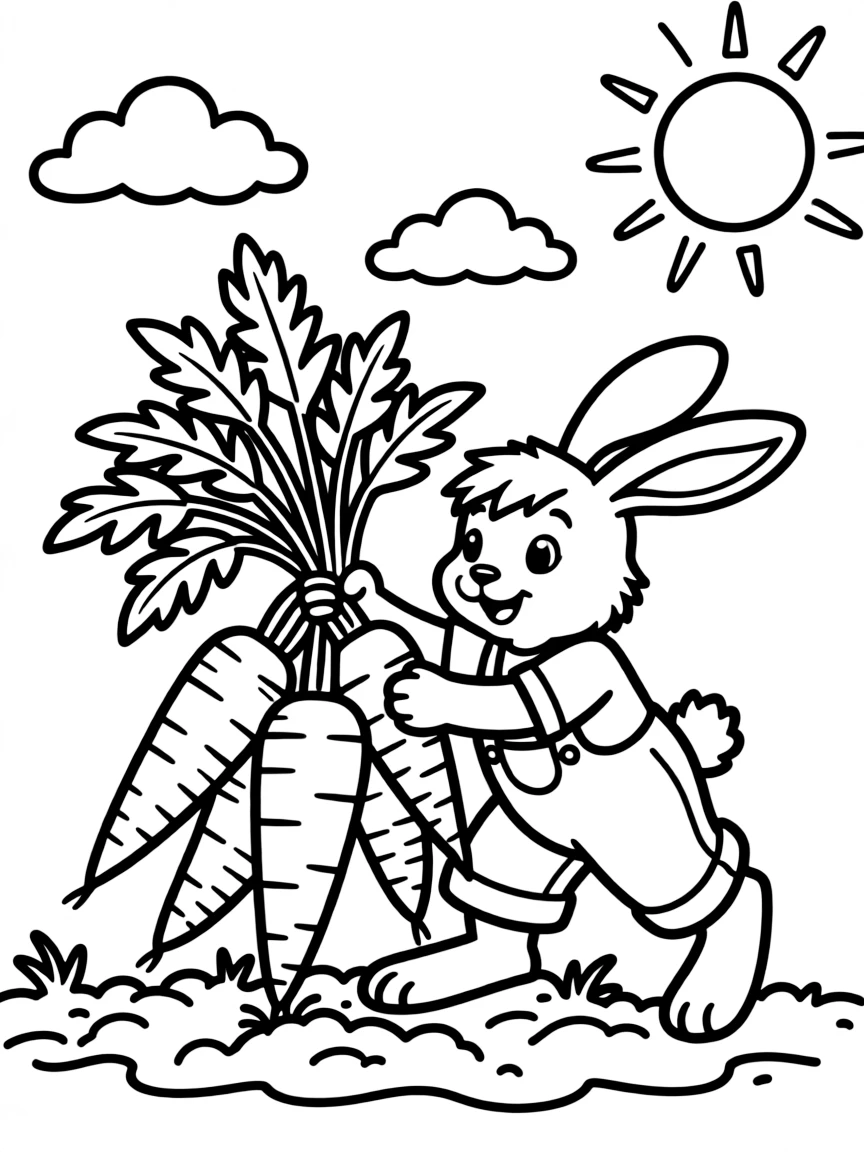 A bunch of carrots being pulled out of the soil by a bunny, with a background of clouds and sunshine