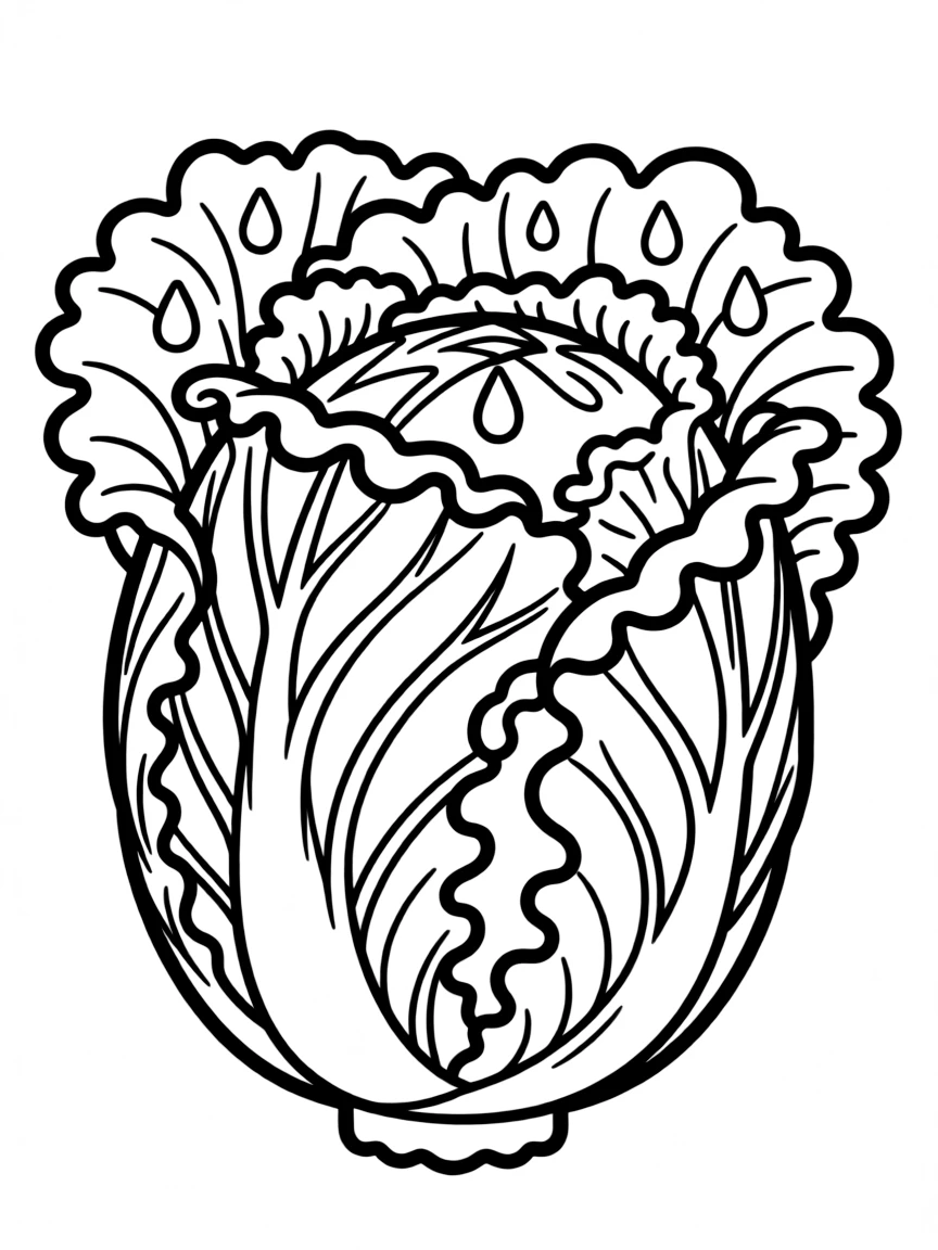 A detailed cabbage with curling leaves and raindrops on top, ready to be picked and washed