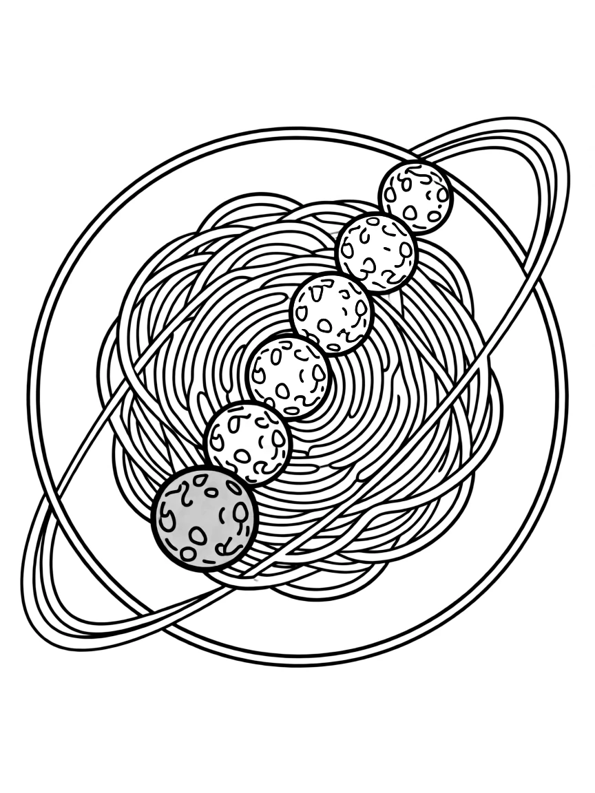 A spaghetti plate with meatballs acting like planets in orbit, stacked in a colorful rainbow pattern