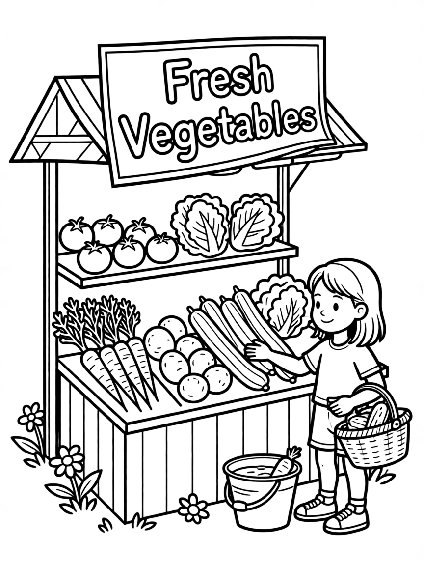 A scene showing vegetables at a farmer’s market stand, ready to be picked and washed