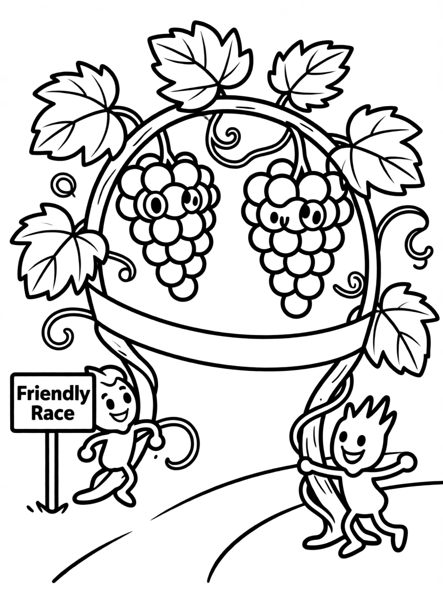 A grapevine with clusters of grapes and leaves twisting around, participating in a friendly race