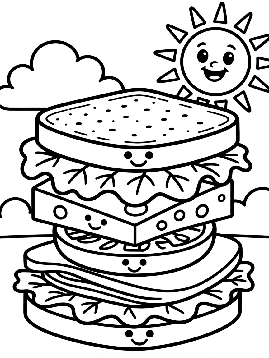 A sandwich with each layer showing smiling ingredients, with a background of clouds and sunshine