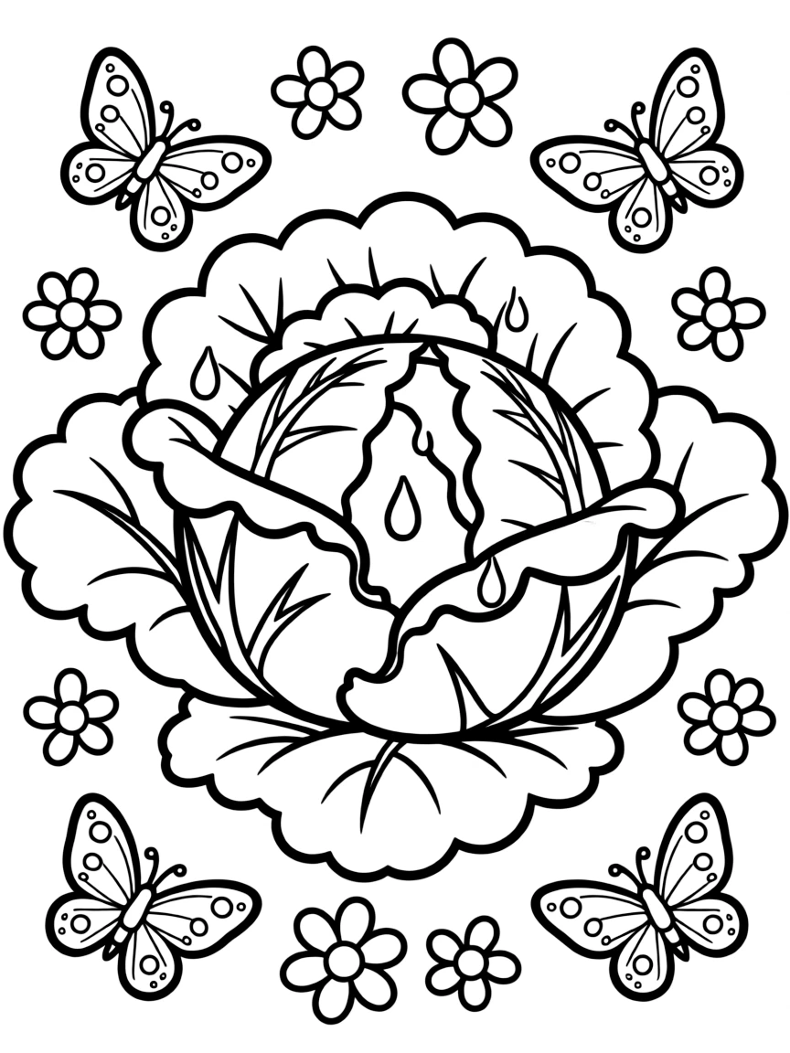 A detailed cabbage with curling leaves and raindrops on top, surrounded by flowers and butterflies