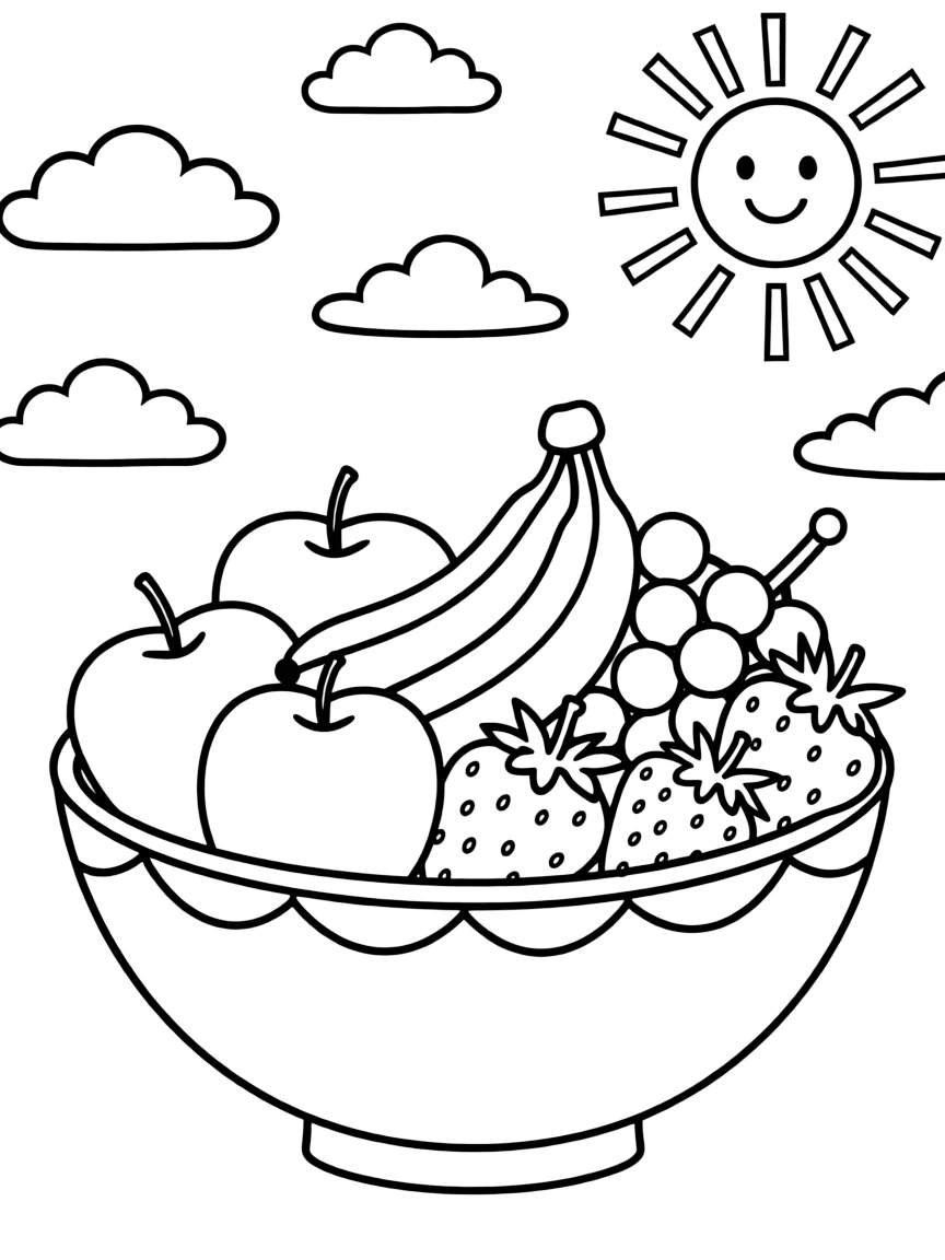 A fruit bowl filled with apples, bananas, grapes, and strawberries, with a background of clouds and sunshine