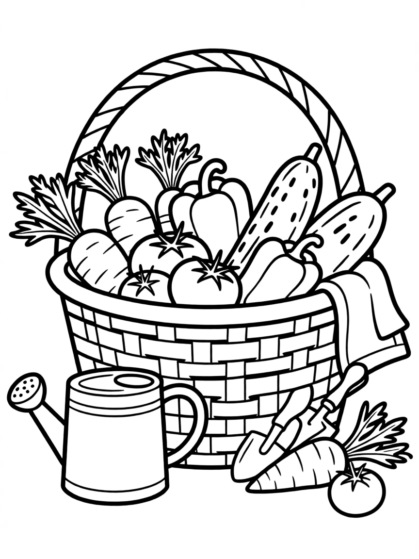 A basket full of fresh vegetables like carrots, tomatoes, cucumbers, and bell peppers, ready to be picked and washed