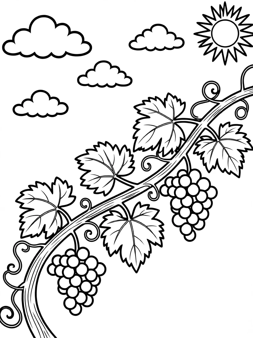 A grapevine with clusters of grapes and leaves twisting around, with a background of clouds and sunshine