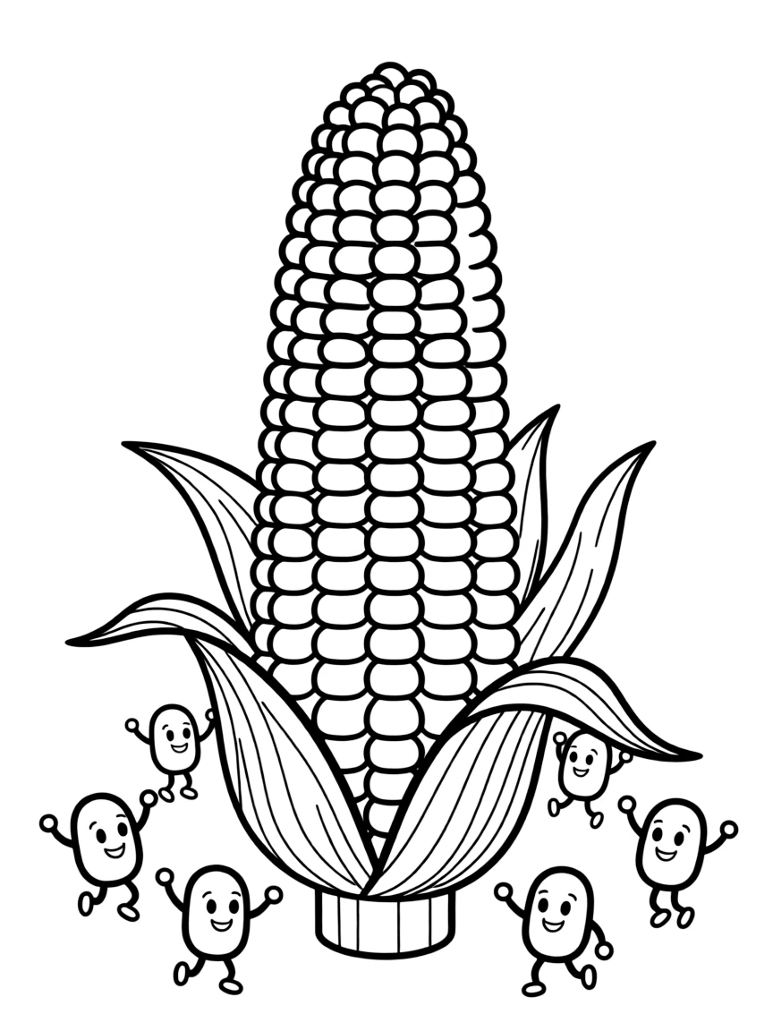 A corn cob with animated kernels dancing around it, stacked in a colorful rainbow pattern