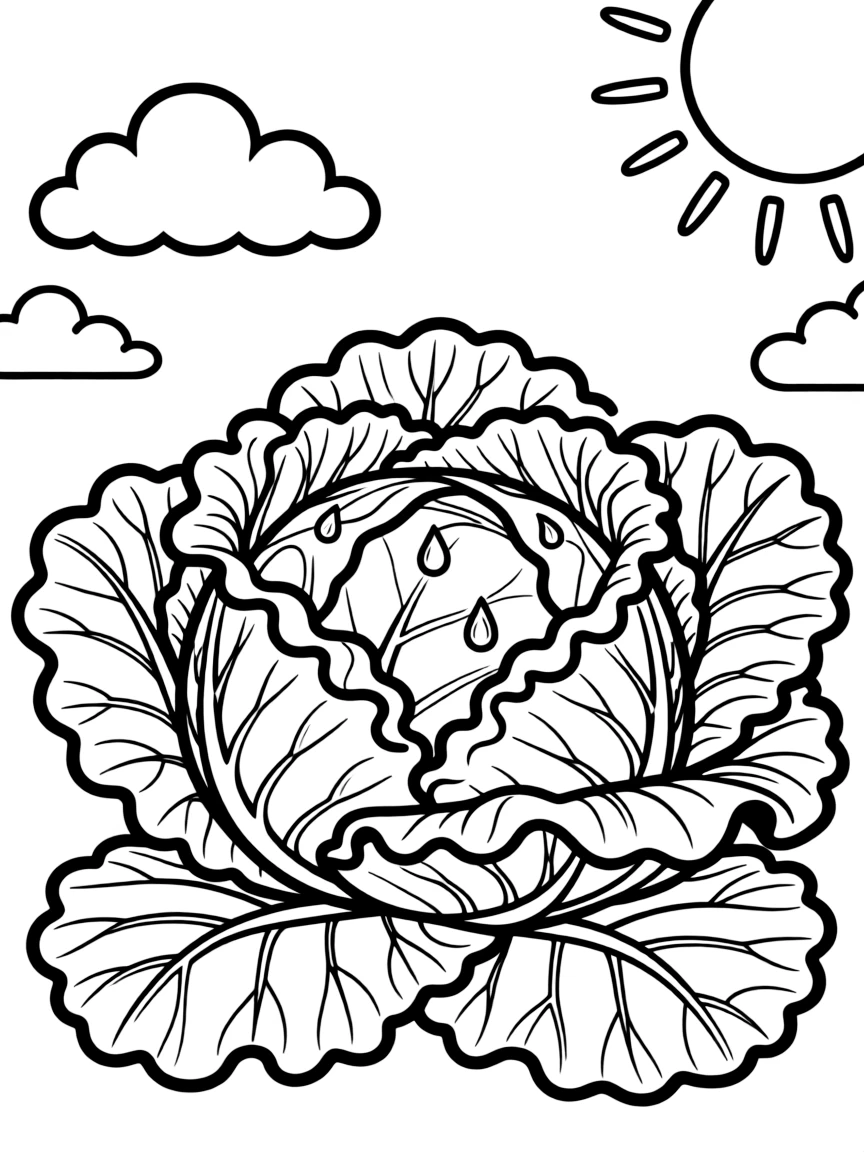 A detailed cabbage with curling leaves and raindrops on top, with a background of clouds and sunshine