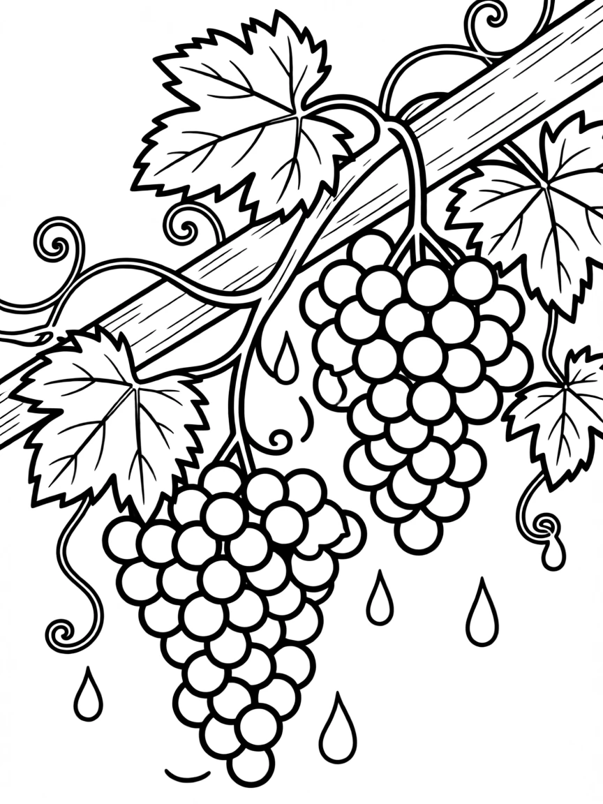 A grapevine with clusters of grapes and leaves twisting around, ready to be picked and washed