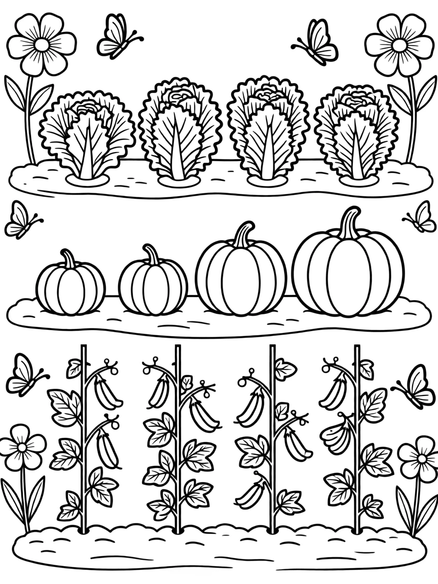 A vegetable garden with lettuce, pumpkins, and peas growing in rows, surrounded by flowers and butterflies