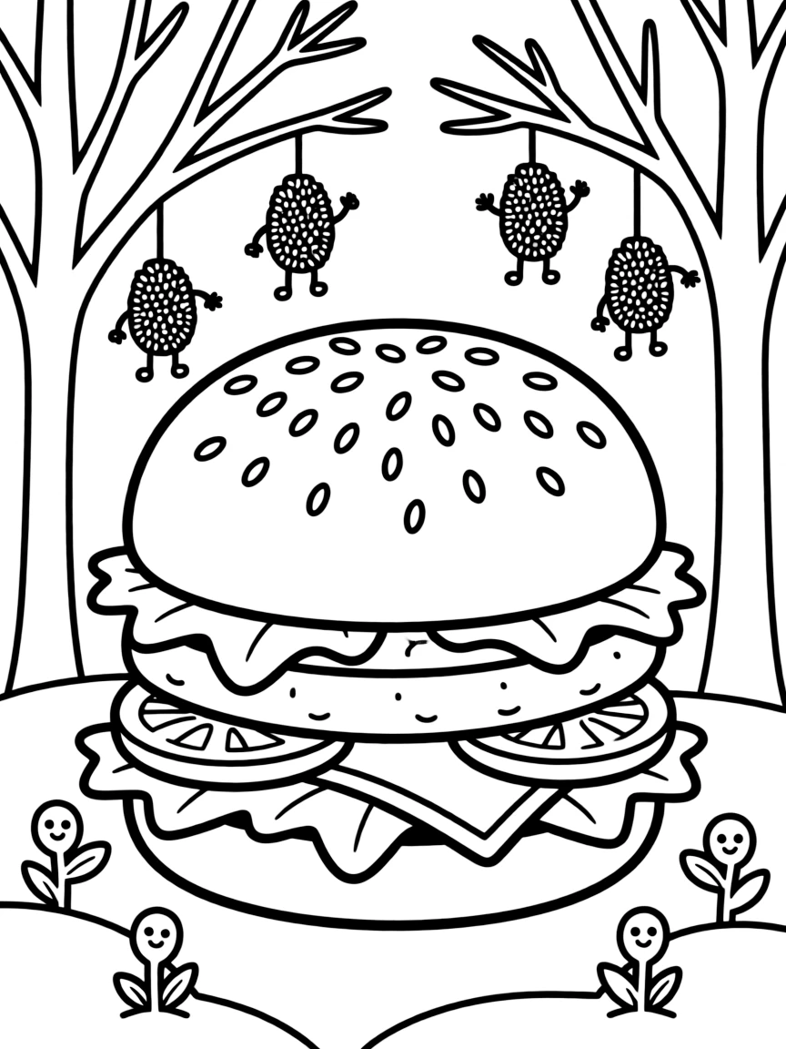 A hamburger with dancing sesame seeds on the bun, hanging from trees or growing in the ground