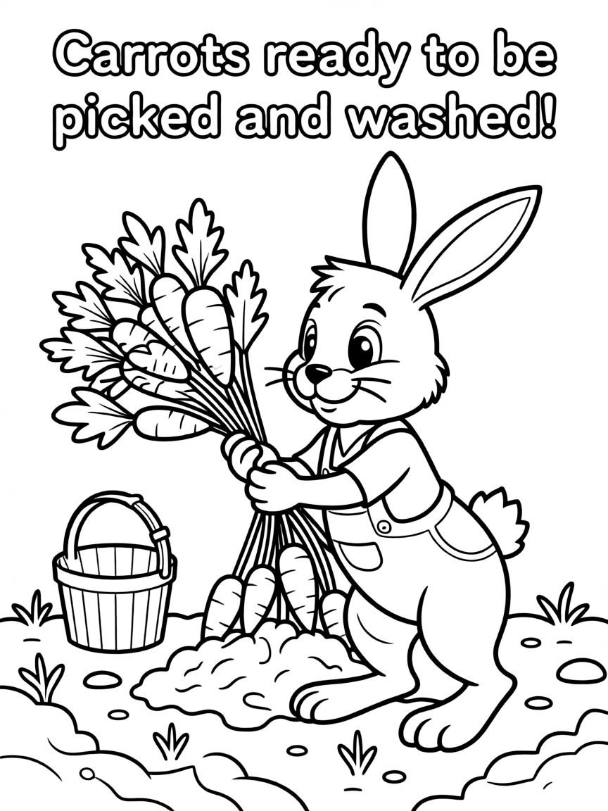 A bunch of carrots being pulled out of the soil by a bunny, ready to be picked and washed