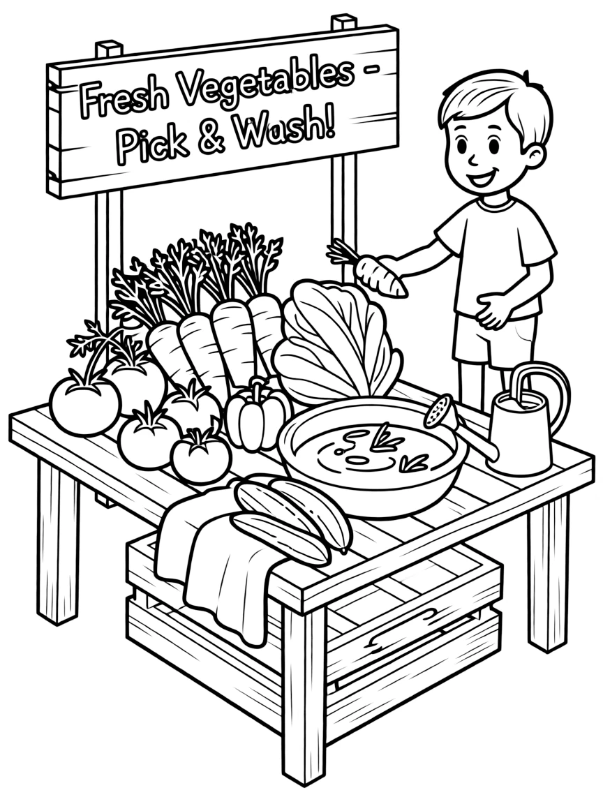 A scene showing vegetables at a farmer’s market stand, ready to be picked and washed