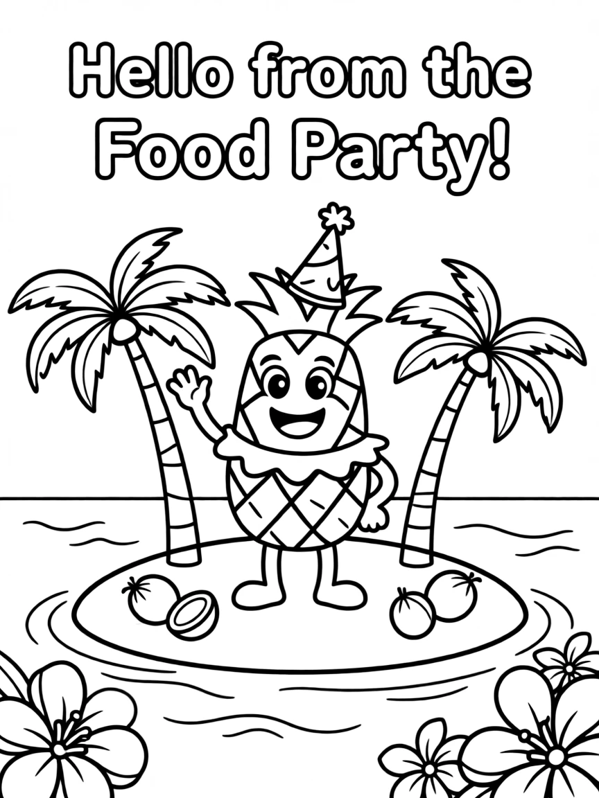 A pineapple on a tropical island waving hello, wearing cute costumes for a food party