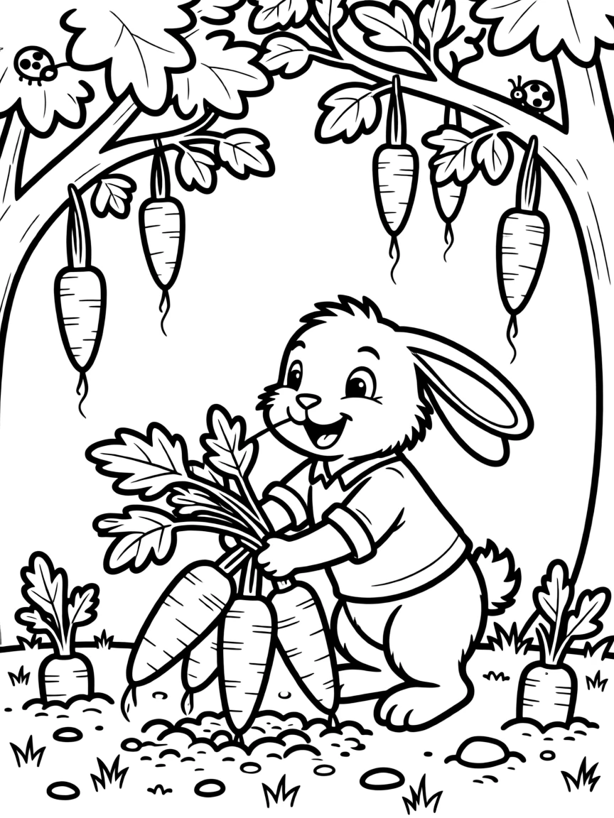 A bunch of carrots being pulled out of the soil by a bunny, hanging from trees or growing in the ground