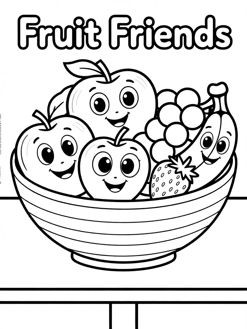 A fruit bowl filled with apples, bananas, grapes, and strawberries, with smiling faces and cartoon eyes