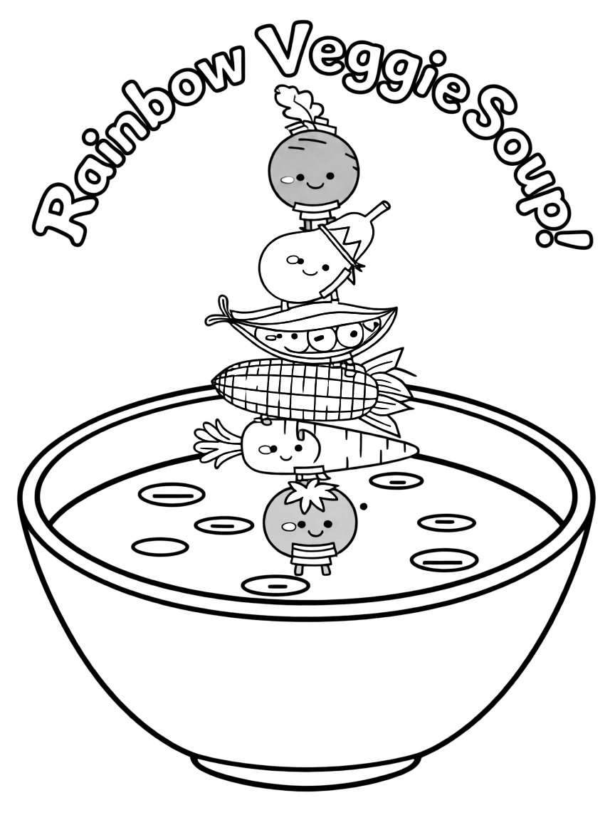 A bowl of soup with vegetable characters floating in it, stacked in a colorful rainbow pattern