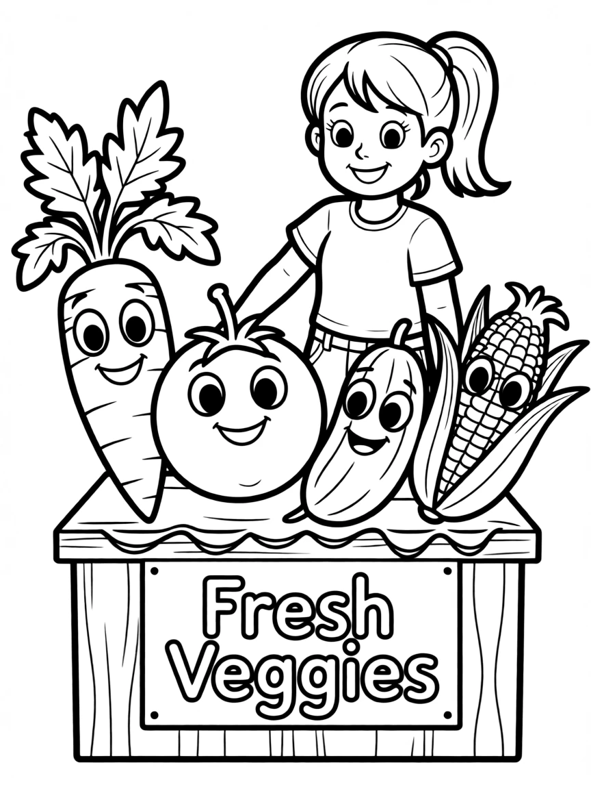 A scene showing vegetables at a farmer’s market stand, with smiling faces and cartoon eyes
