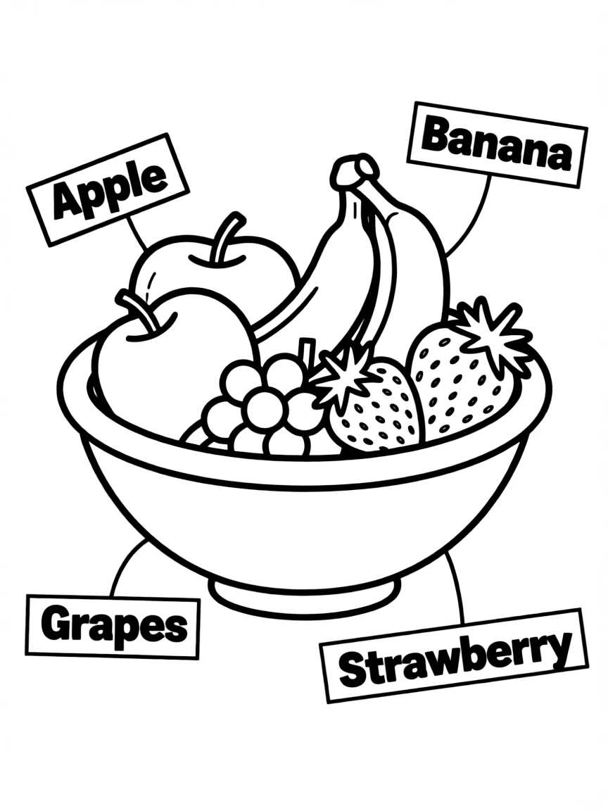 A fruit bowl filled with apples, bananas, grapes, and strawberries, with labels showing their names for learning