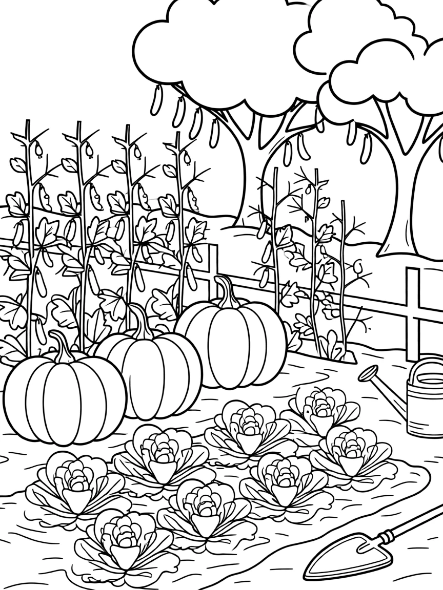 A vegetable garden with lettuce, pumpkins, and peas growing in rows, hanging from trees or growing in the ground