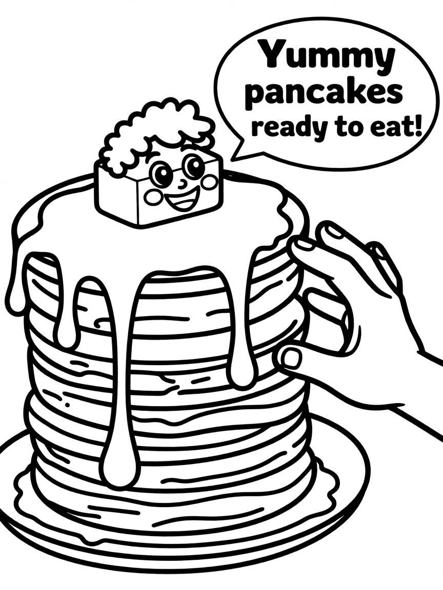 A stack of pancakes with syrup and smiling butter on top, ready to be picked and washed