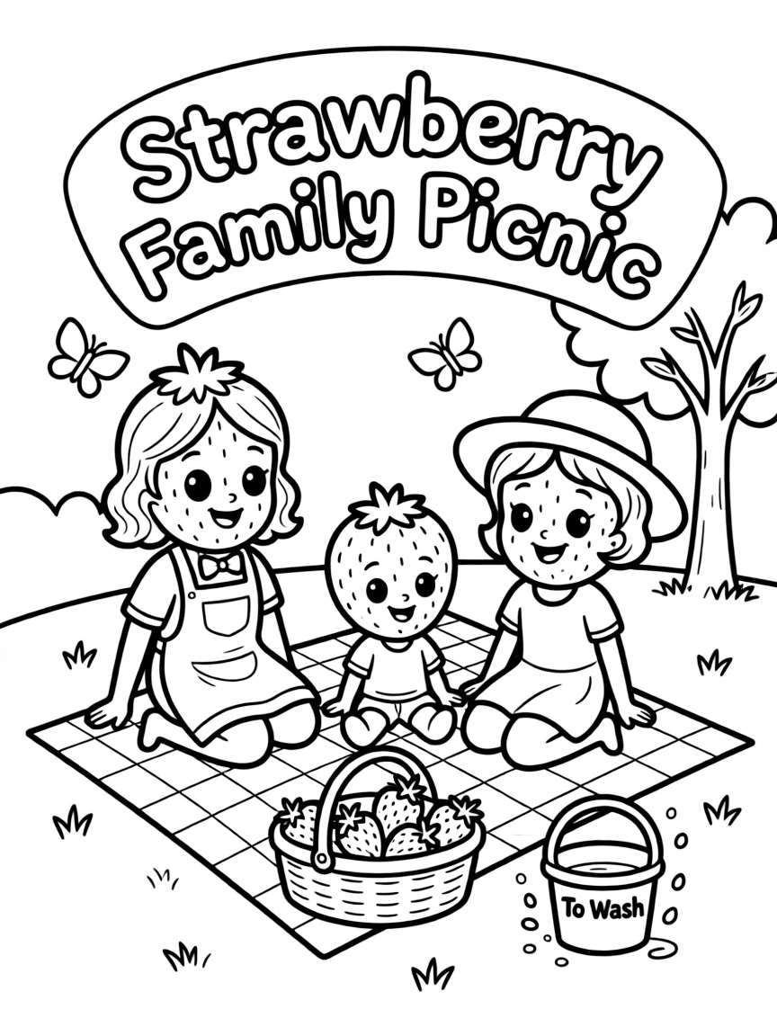 A cute strawberry family having a picnic, ready to be picked and washed