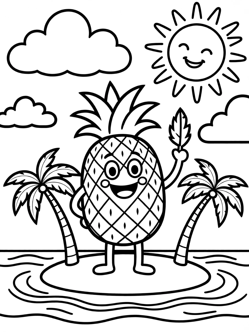A pineapple on a tropical island waving hello, with a background of clouds and sunshine