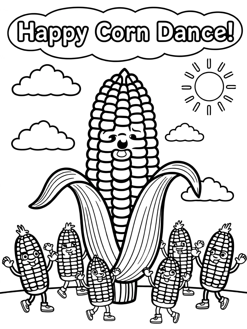 A corn cob with animated kernels dancing around it, with a background of clouds and sunshine