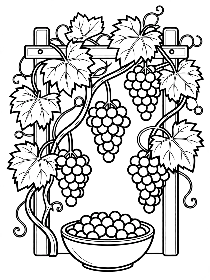 A grapevine with clusters of grapes and leaves twisting around, ready to be picked and washed