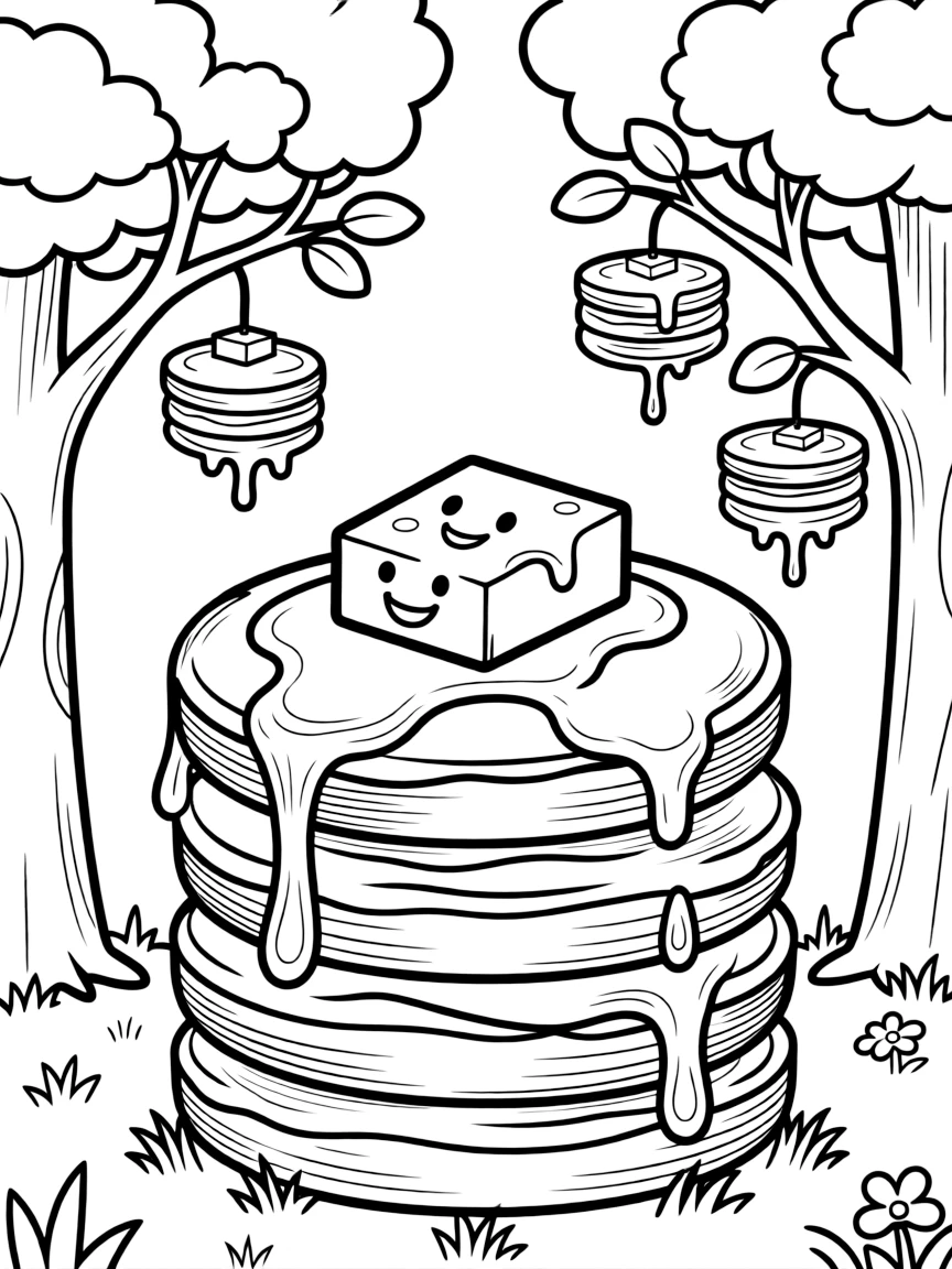 A stack of pancakes with syrup and smiling butter on top, hanging from trees or growing in the ground