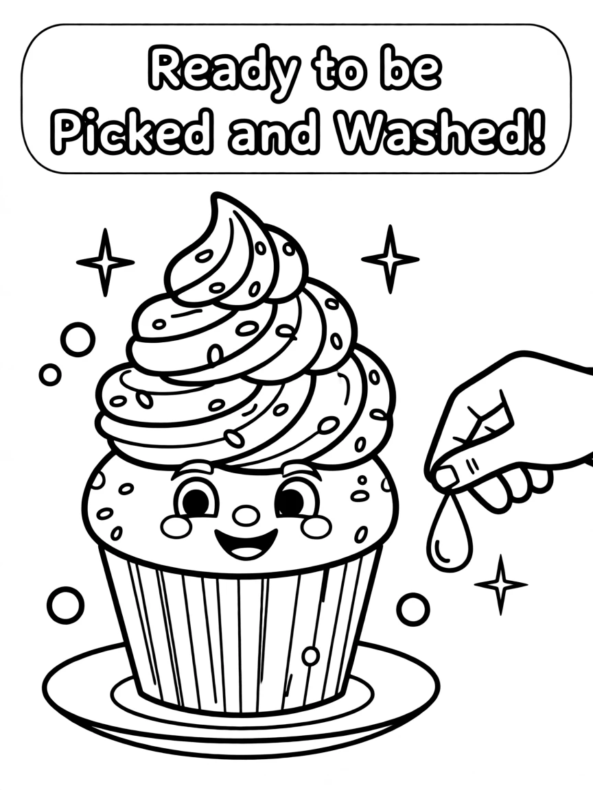 A cheerful cupcake with swirly frosting and sprinkles, ready to be picked and washed