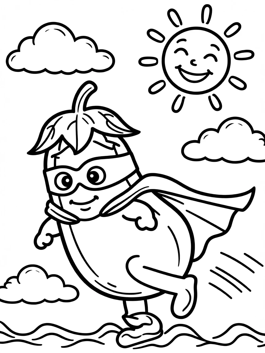 An eggplant superhero flying through the sky, with a background of clouds and sunshine