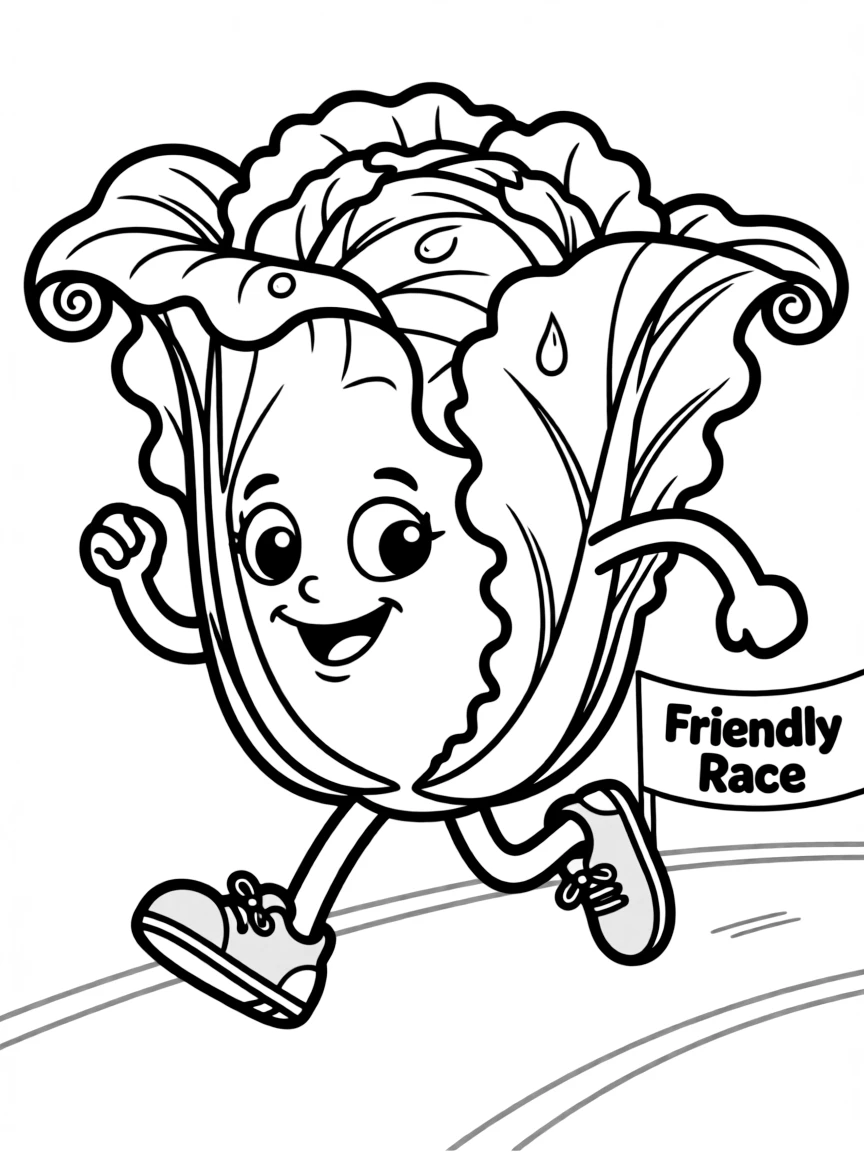 A detailed cabbage with curling leaves and raindrops on top, participating in a friendly race